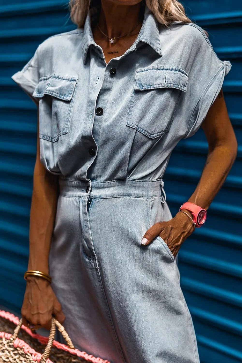 Batwing Sleeve Slit Back Denim Dress