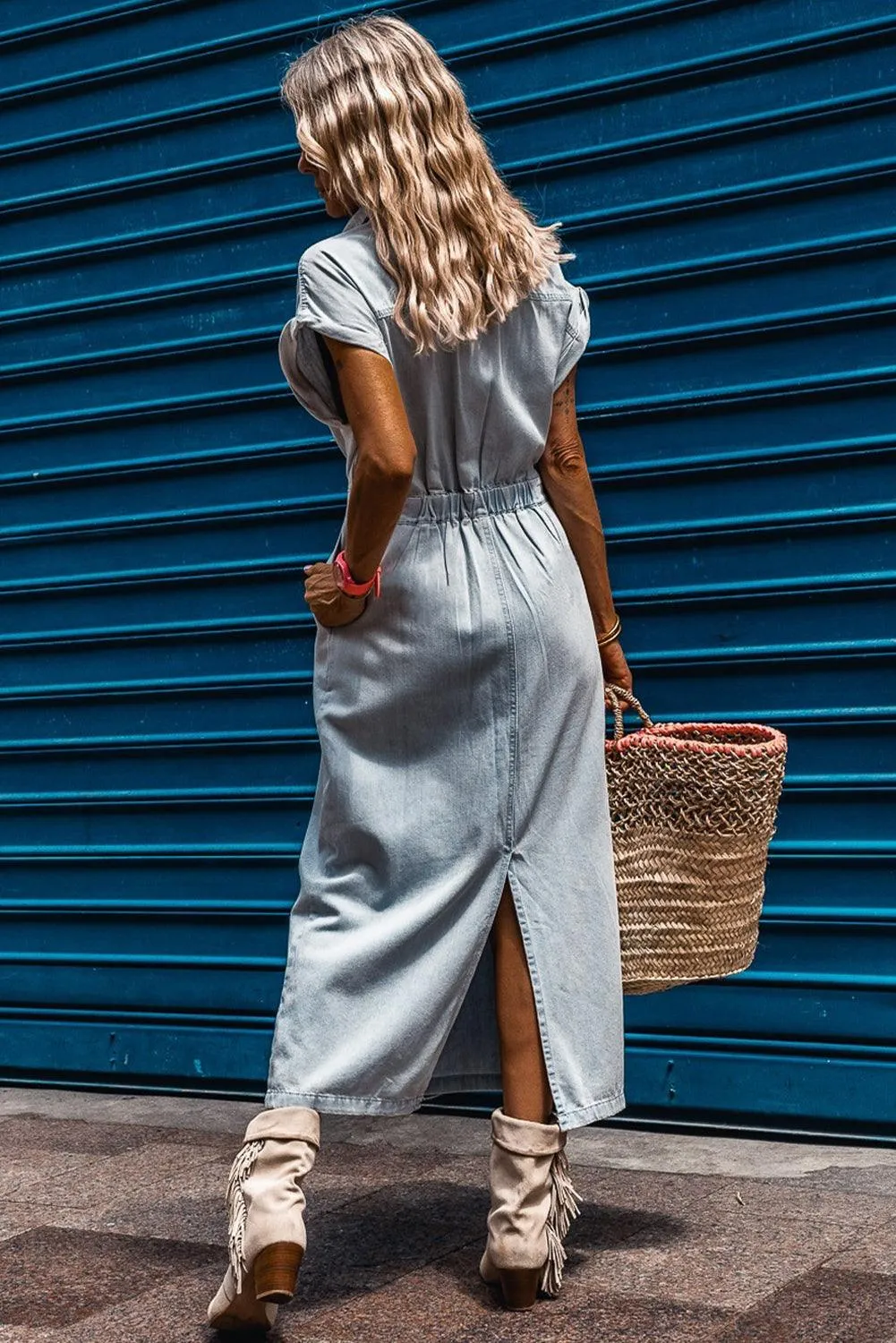 Batwing Sleeve Slit Back Denim Dress