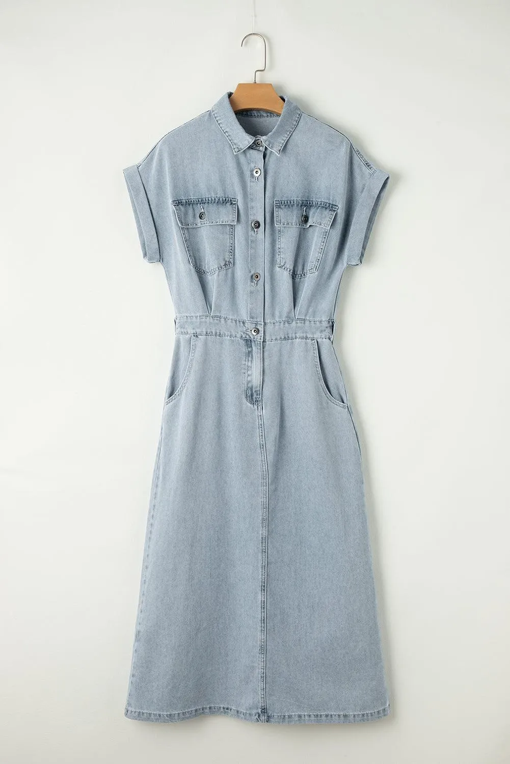 Batwing Sleeve Slit Back Denim Dress