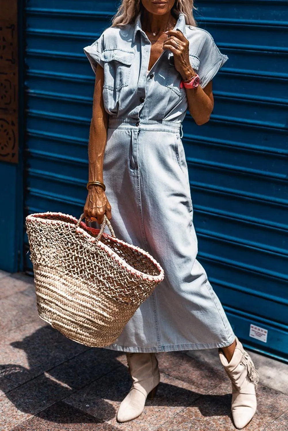 Batwing Sleeve Slit Back Denim Dress