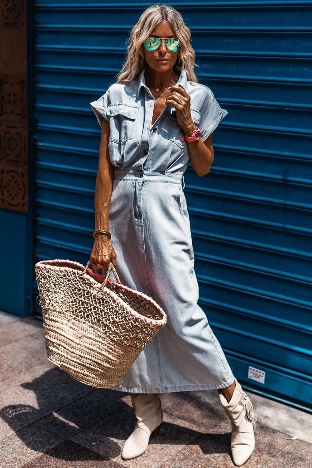 Batwing Sleeve Slit Back Denim Dress
