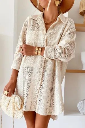Beige Lace Crochet Collared Button Up Oversized Shirt