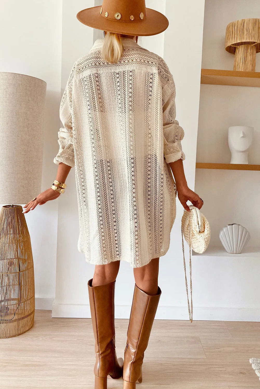 Beige Lace Crochet Collared Button Up Oversized Shirt