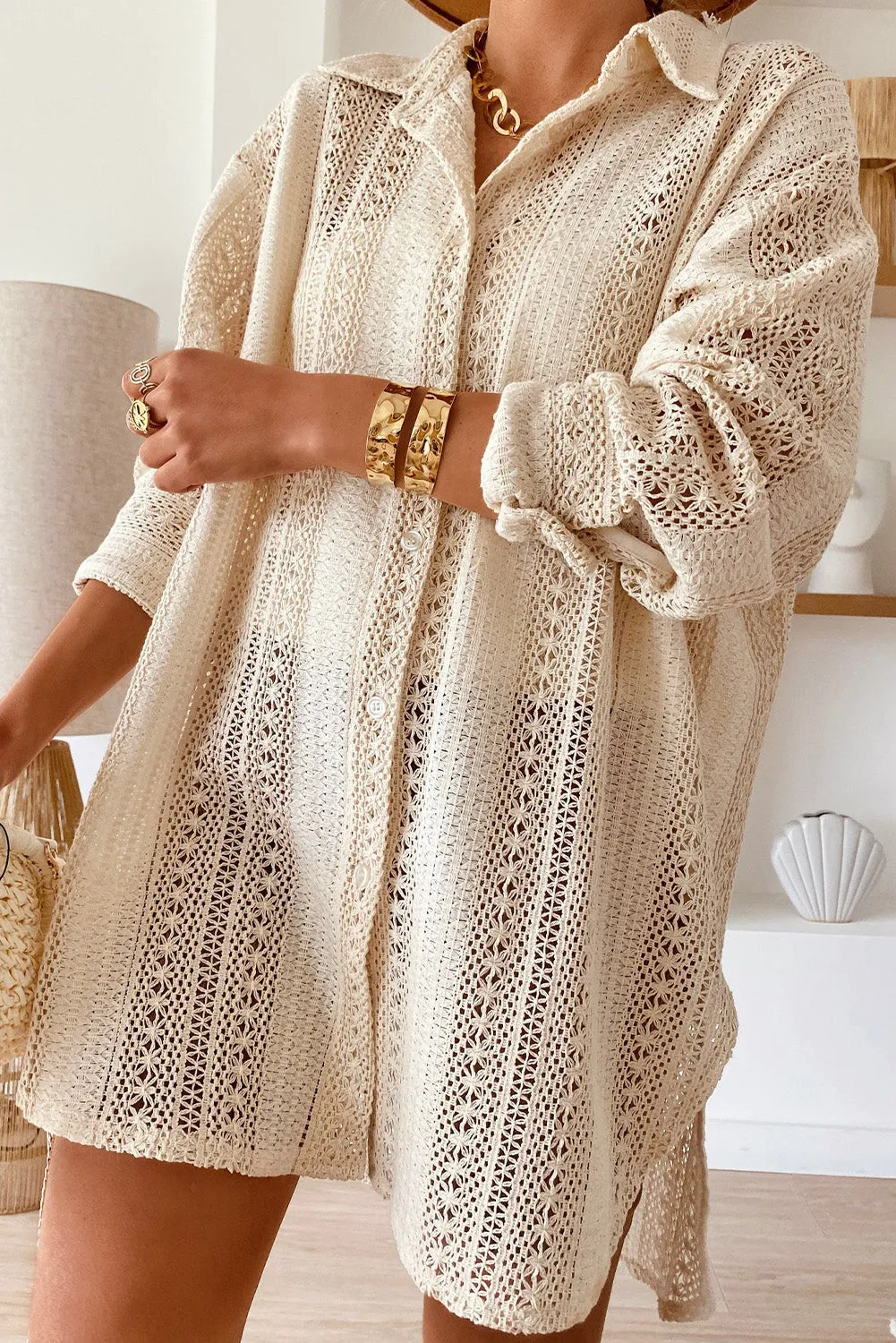 Beige Lace Crochet Collared Button Up Oversized Shirt