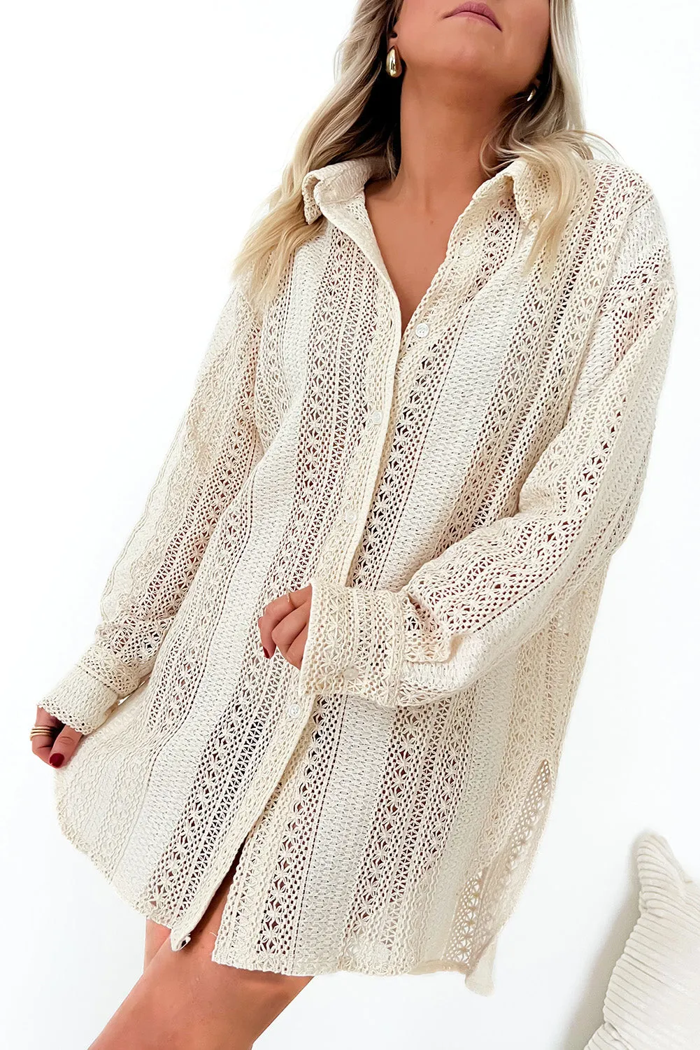 Beige Lace Crochet Collared Button Up Oversized Shirt