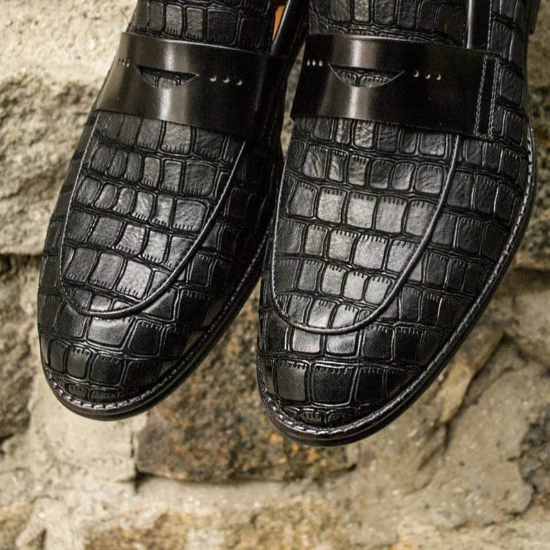 Black Crocodile Print Leather Holroyd Slip On Penny Loafers - Loafers Shoes