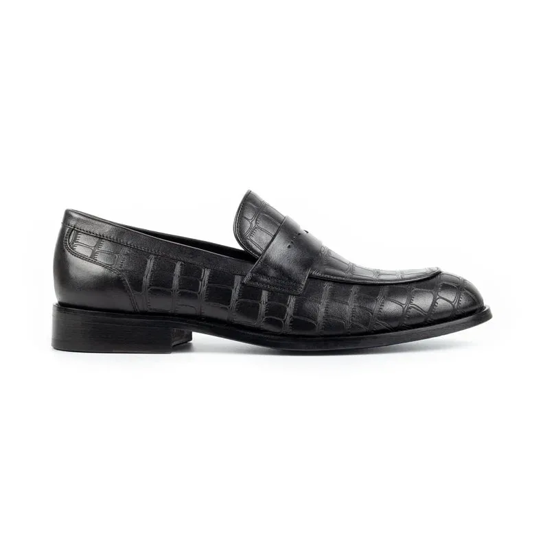 Black Crocodile Print Leather Holroyd Slip On Penny Loafers - Loafers Shoes