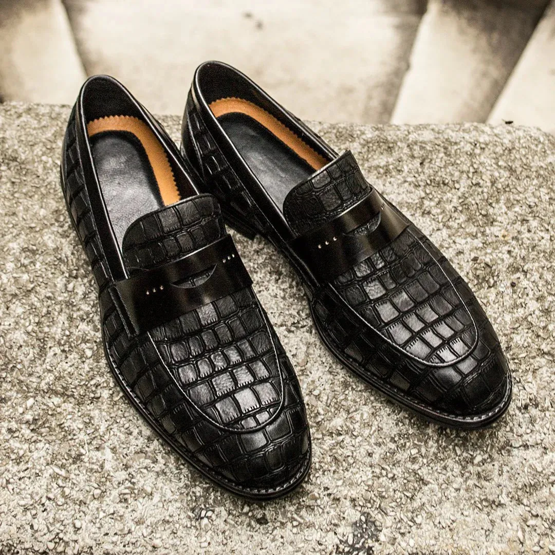 Black Crocodile Print Leather Holroyd Slip On Penny Loafers - Loafers Shoes