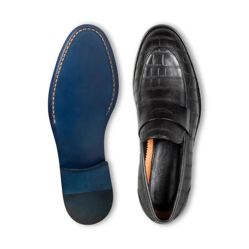 Black Crocodile Print Leather Holroyd Slip On Penny Loafers - Loafers Shoes