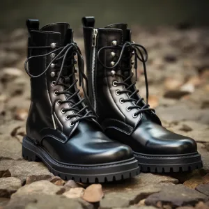 Black Leather Paloma Lace Up Chunky Derby Boots with Zipper and Track Sole - Hiking and Trekking Boots