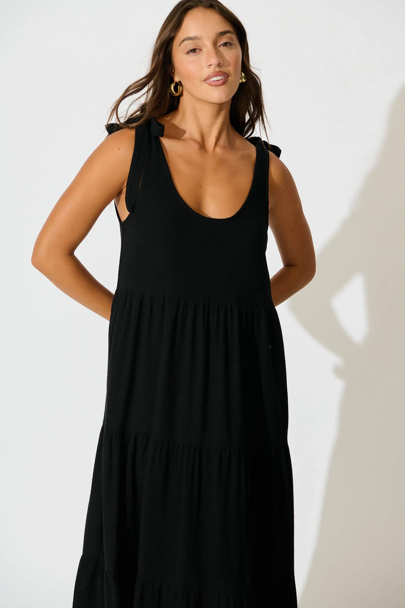 Black Linen Blend Maxi Dress by Estefani