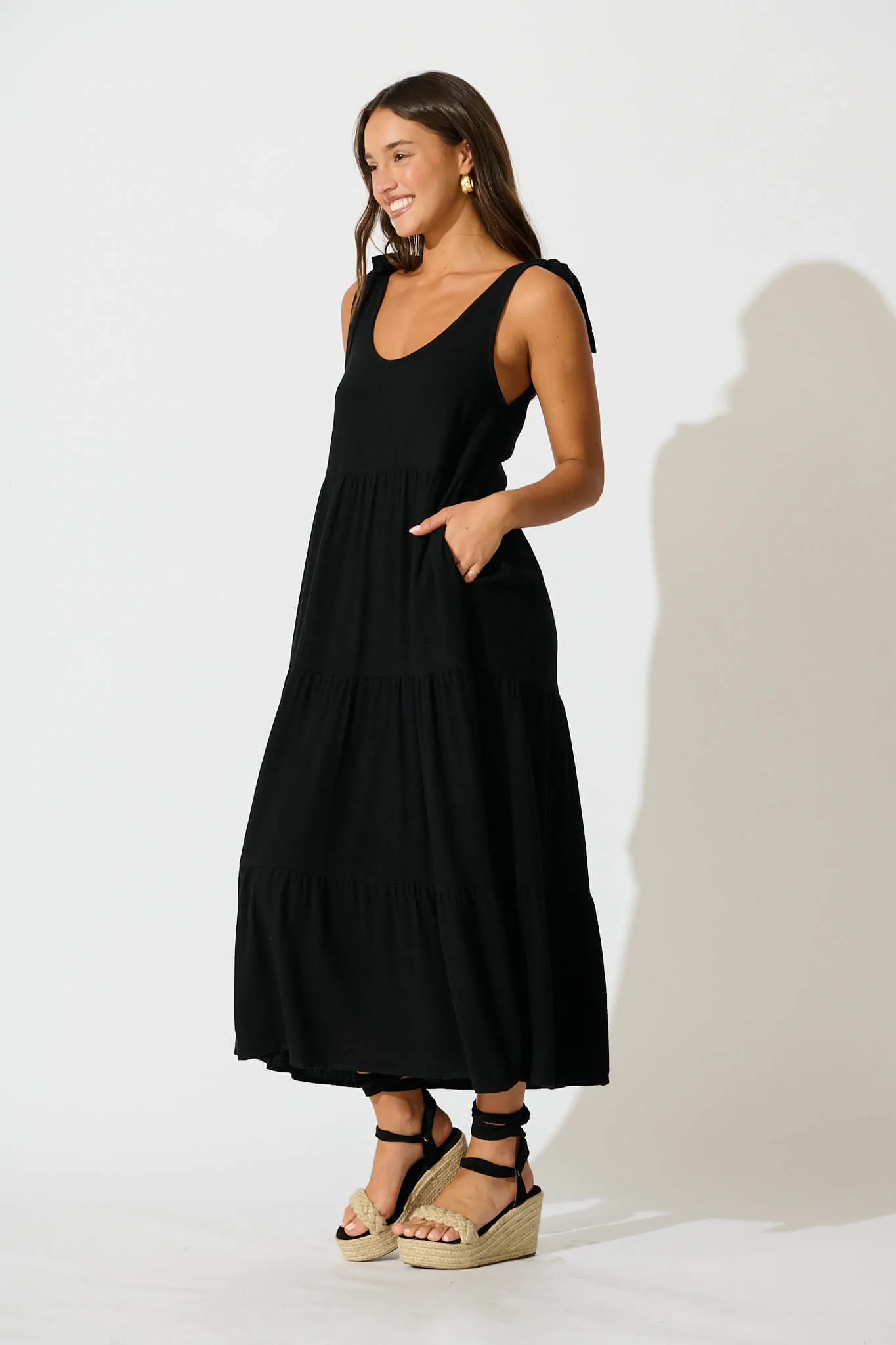 Black Linen Blend Maxi Dress by Estefani