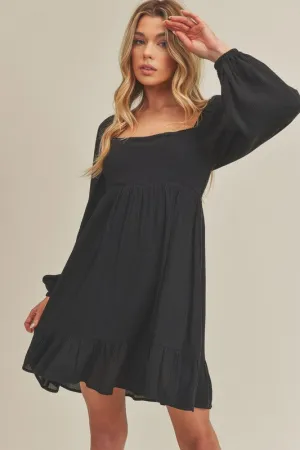 Black Ruffled Hem Square Neck Balloon Sleeve Mini Dress