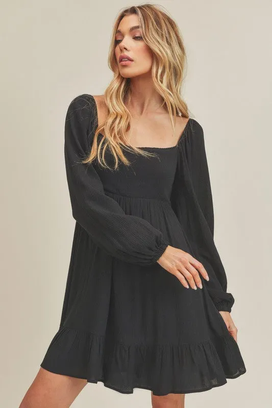 Black Ruffled Hem Square Neck Balloon Sleeve Mini Dress