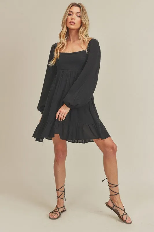 Black Ruffled Hem Square Neck Balloon Sleeve Mini Dress