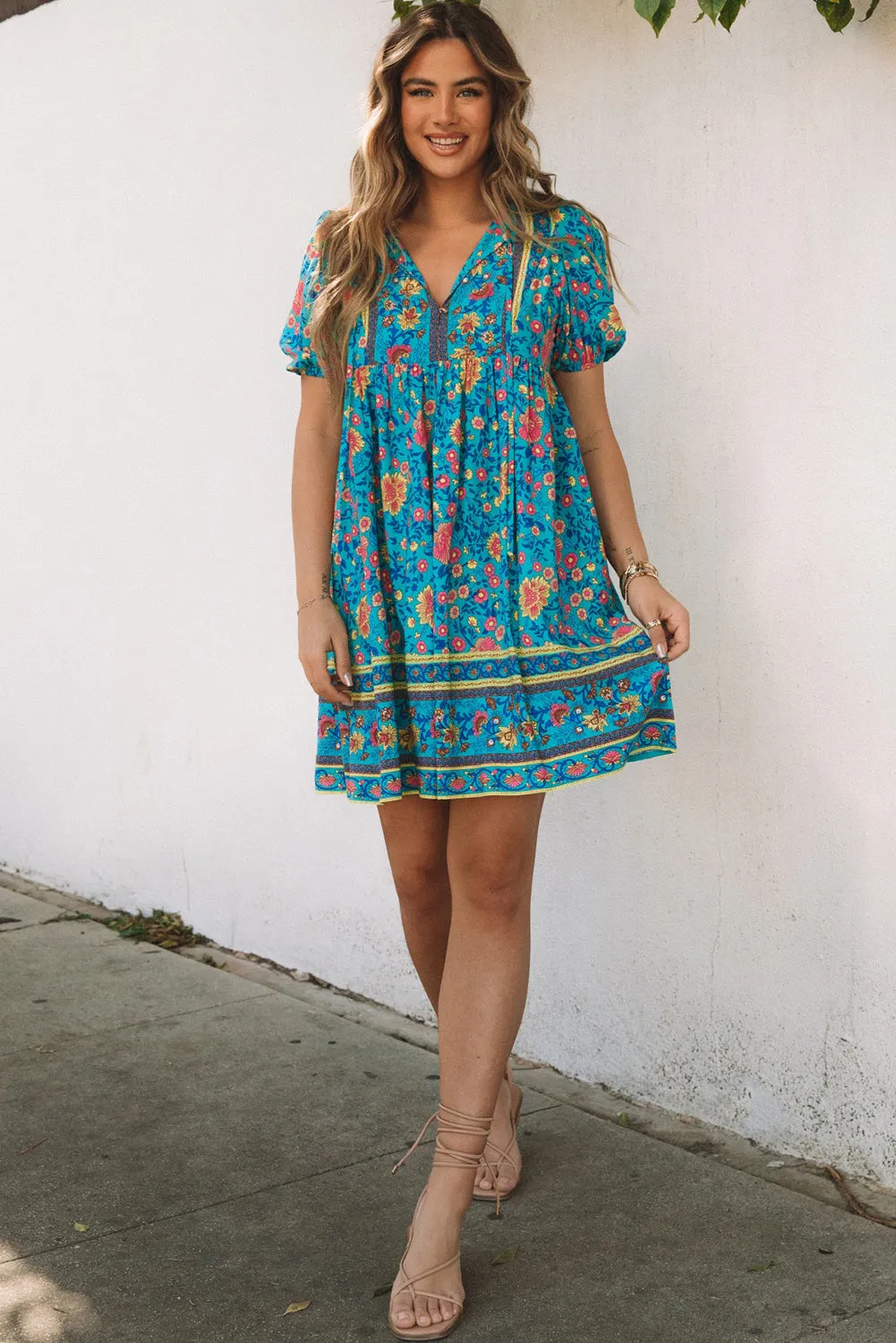 Blue Floral Print Empire Waist Flowy Dress