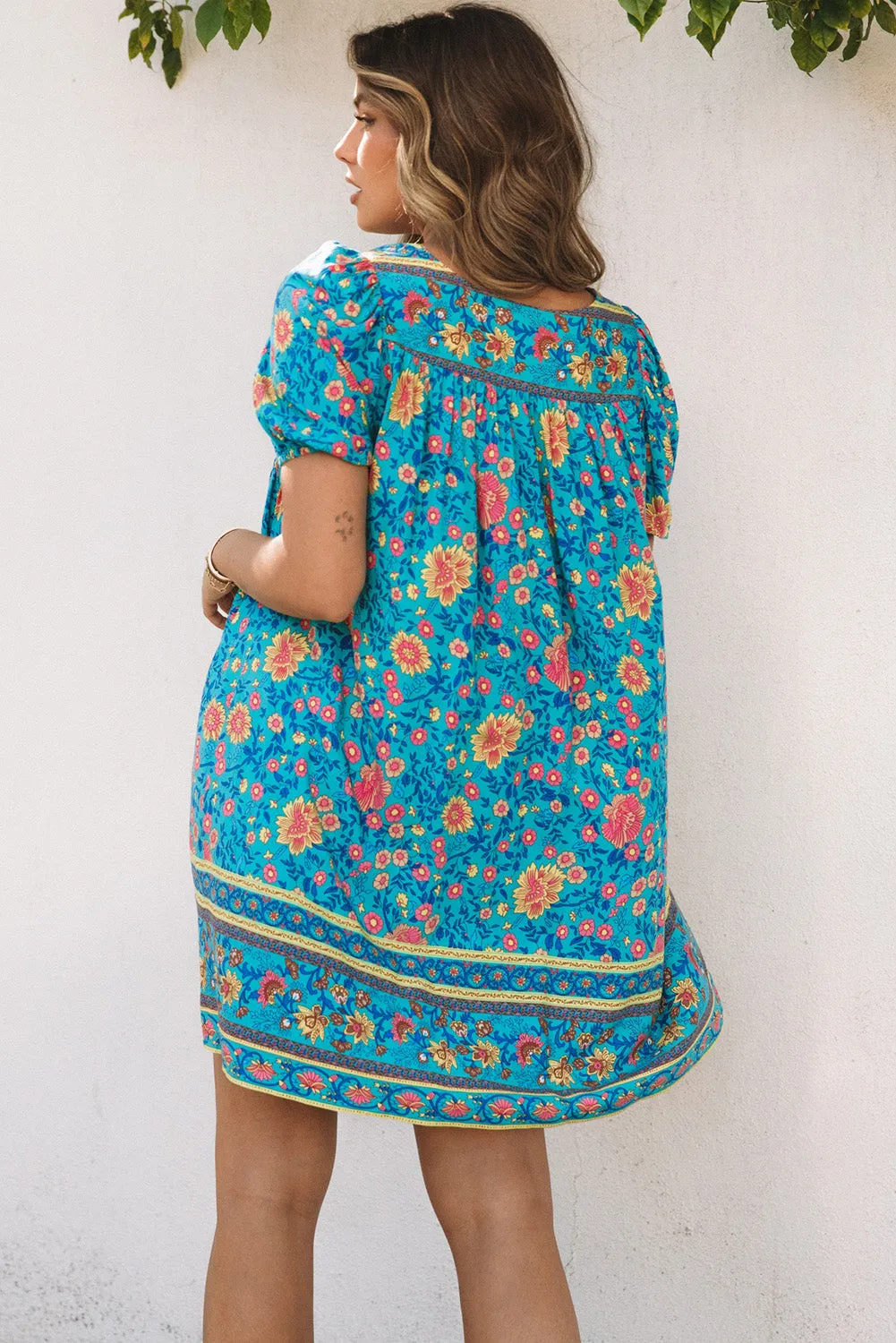 Blue Floral Print Empire Waist Flowy Dress