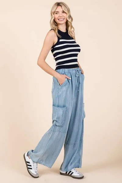 Blue Washed Elastic Waist Cargo Wide Leg Pants