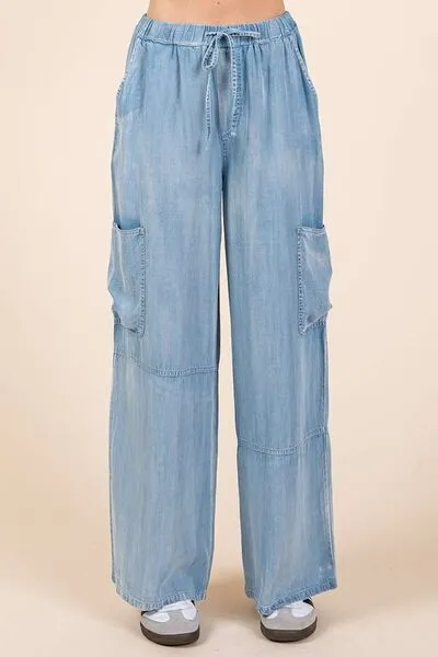 Blue Washed Elastic Waist Cargo Wide Leg Pants