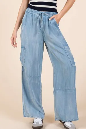 Blue Washed Elastic Waist Cargo Wide Leg Pants