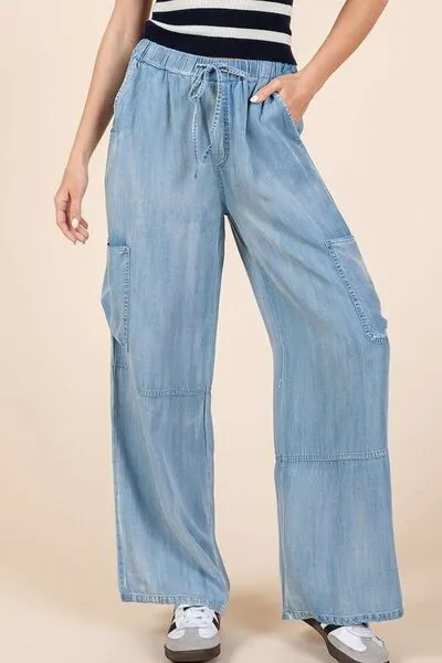 Blue Washed Elastic Waist Cargo Wide Leg Pants