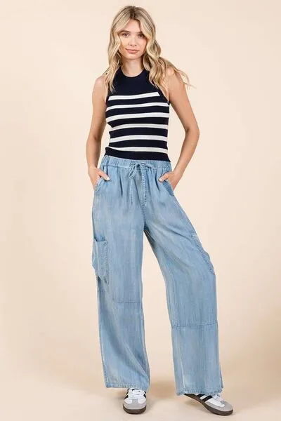 Blue Washed Elastic Waist Cargo Wide Leg Pants
