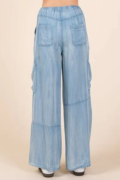 Blue Washed Elastic Waist Cargo Wide Leg Pants