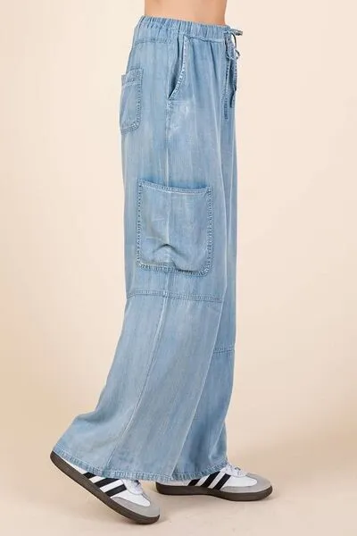 Blue Washed Elastic Waist Cargo Wide Leg Pants