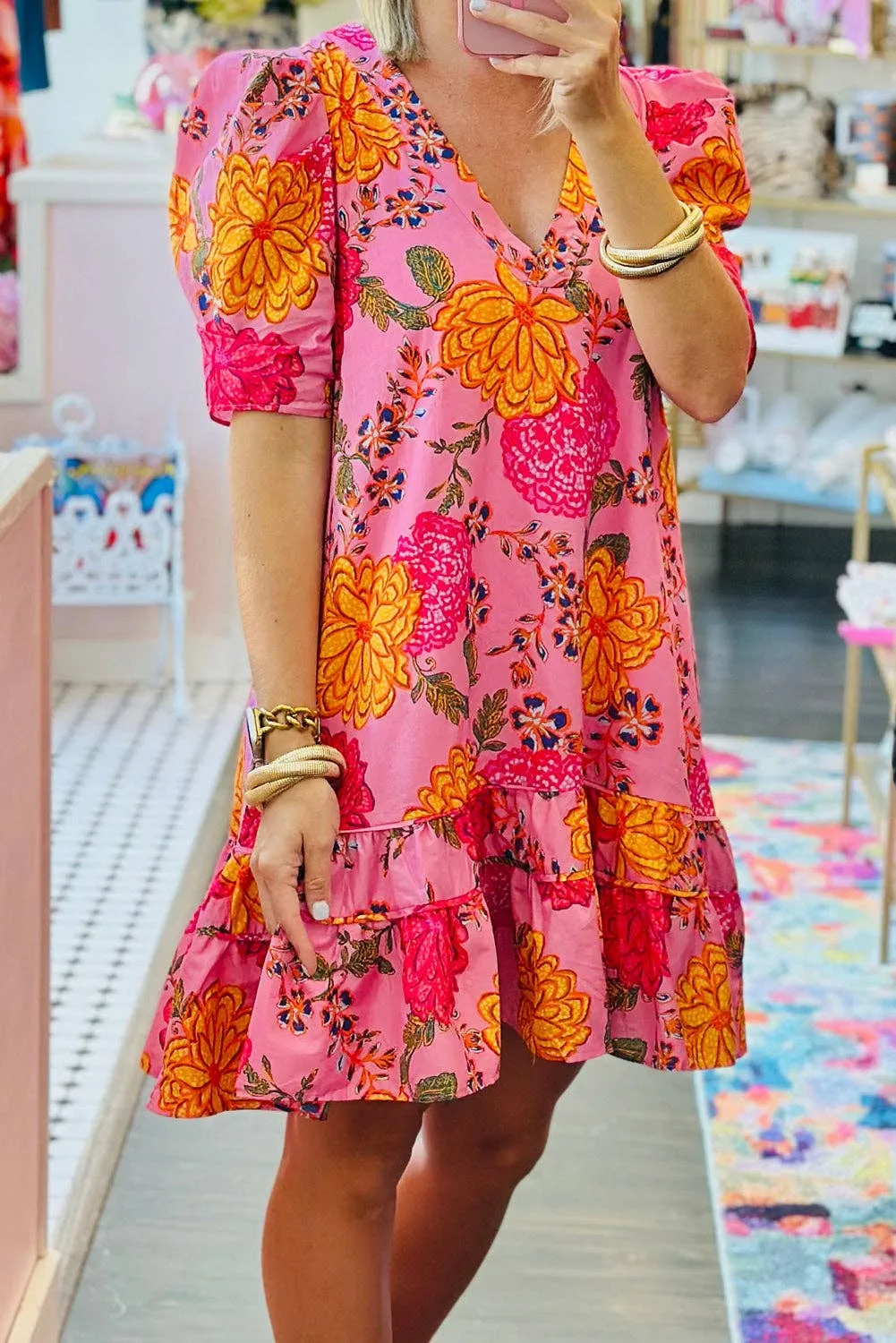 Brunch Babe Pink Floral Bubble Sleeve V Neck Ruffled Mini Dress