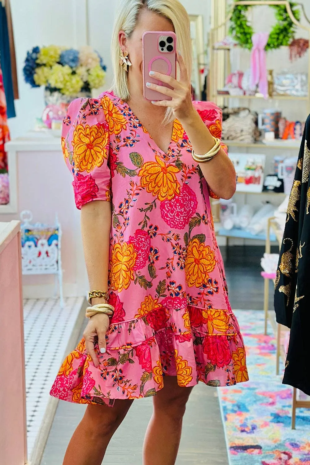 Brunch Babe Pink Floral Bubble Sleeve V Neck Ruffled Mini Dress
