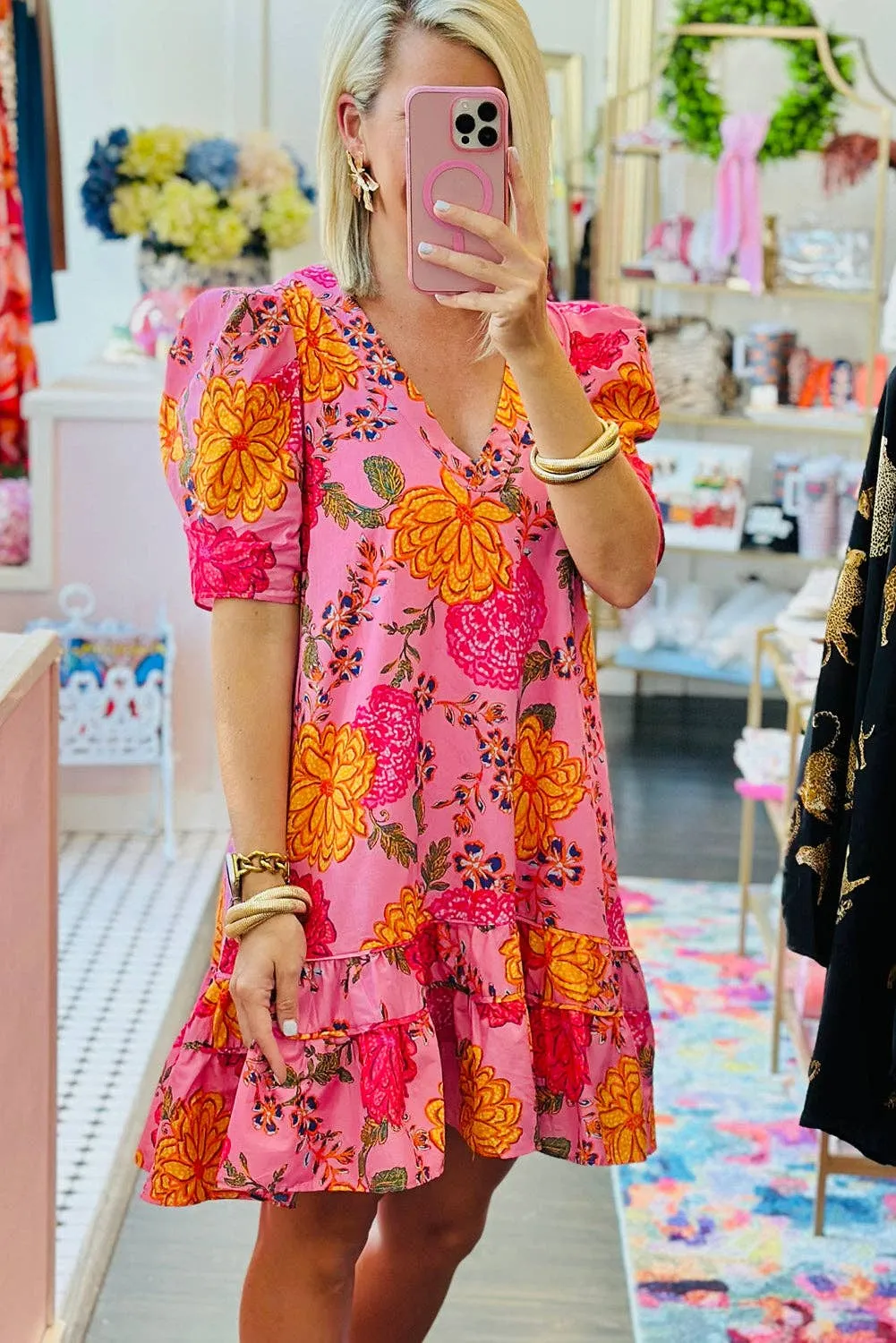 Brunch Babe Pink Floral Bubble Sleeve V Neck Ruffled Mini Dress