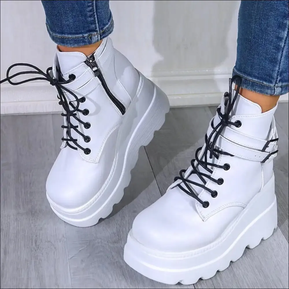 Chic PU Leather Lace-Up Wedge Boots