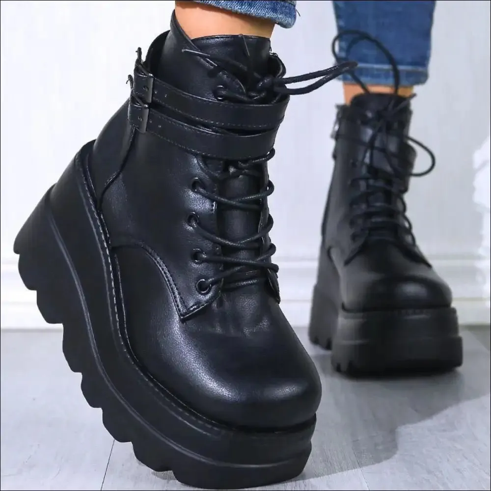 Chic PU Leather Lace-Up Wedge Boots
