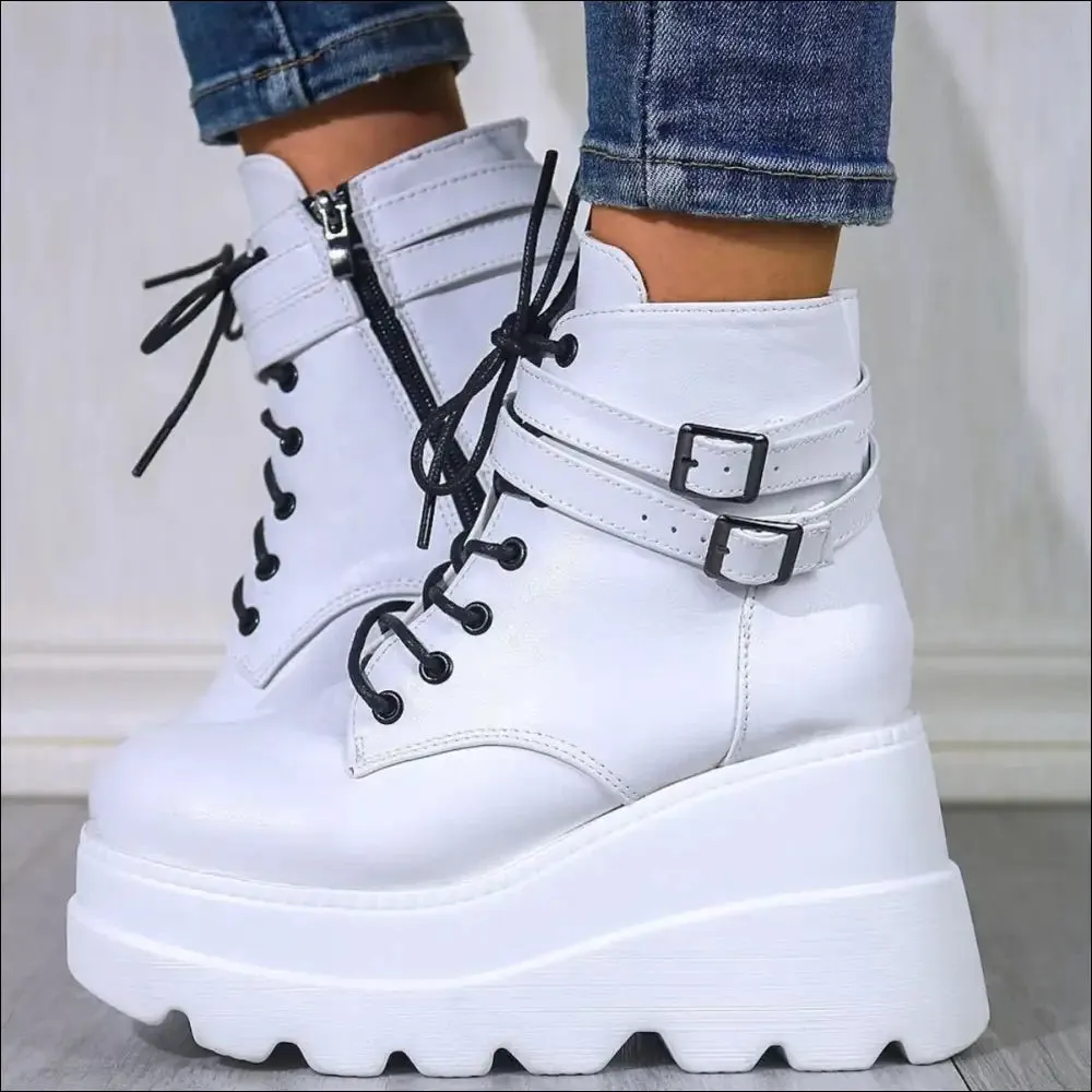 Chic PU Leather Lace-Up Wedge Boots
