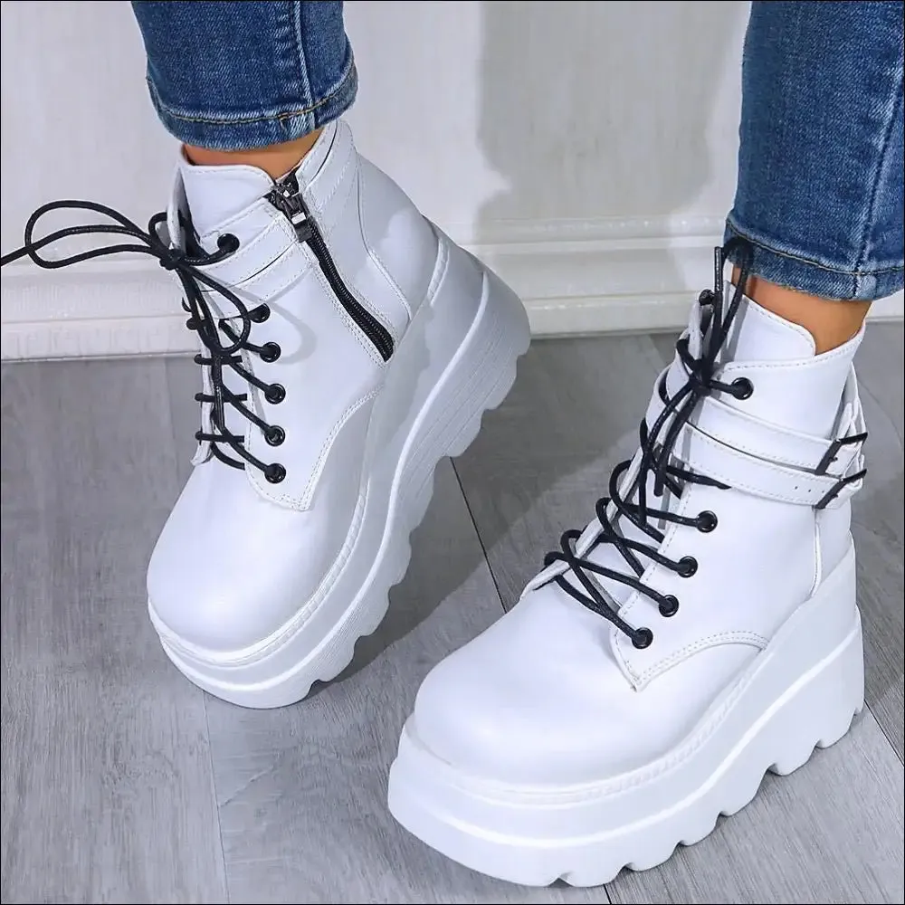 Chic PU Leather Lace-Up Wedge Boots