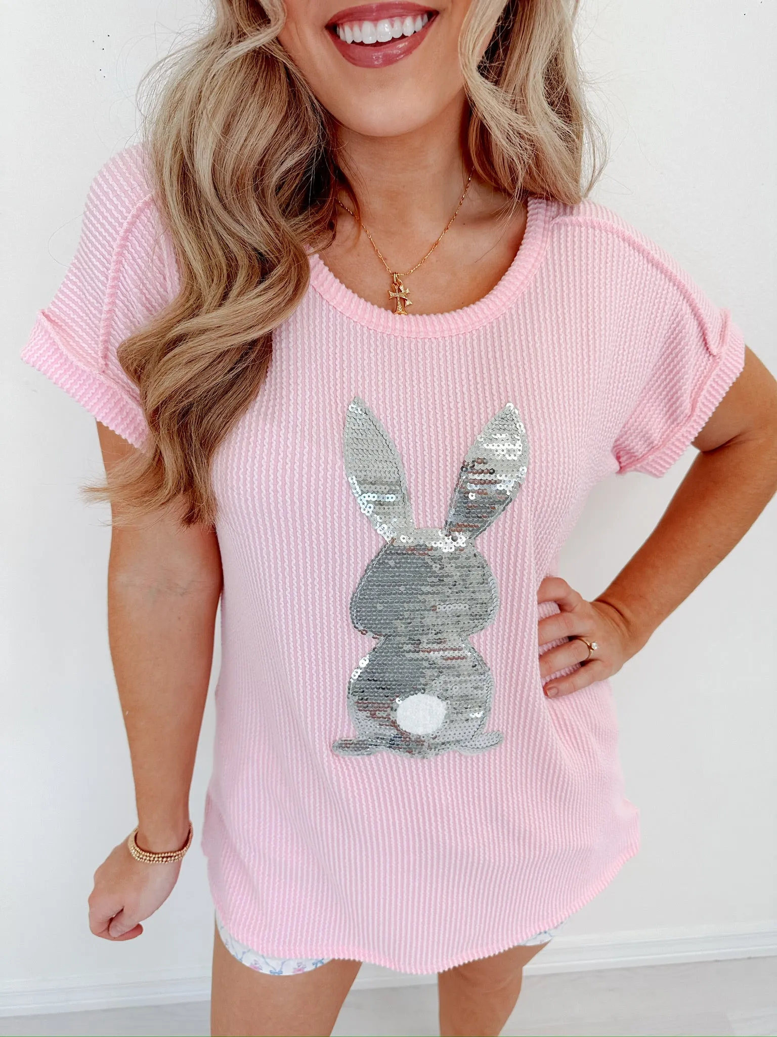 Cotton Tail Sequin Patch Ribbed Top - Light Pink