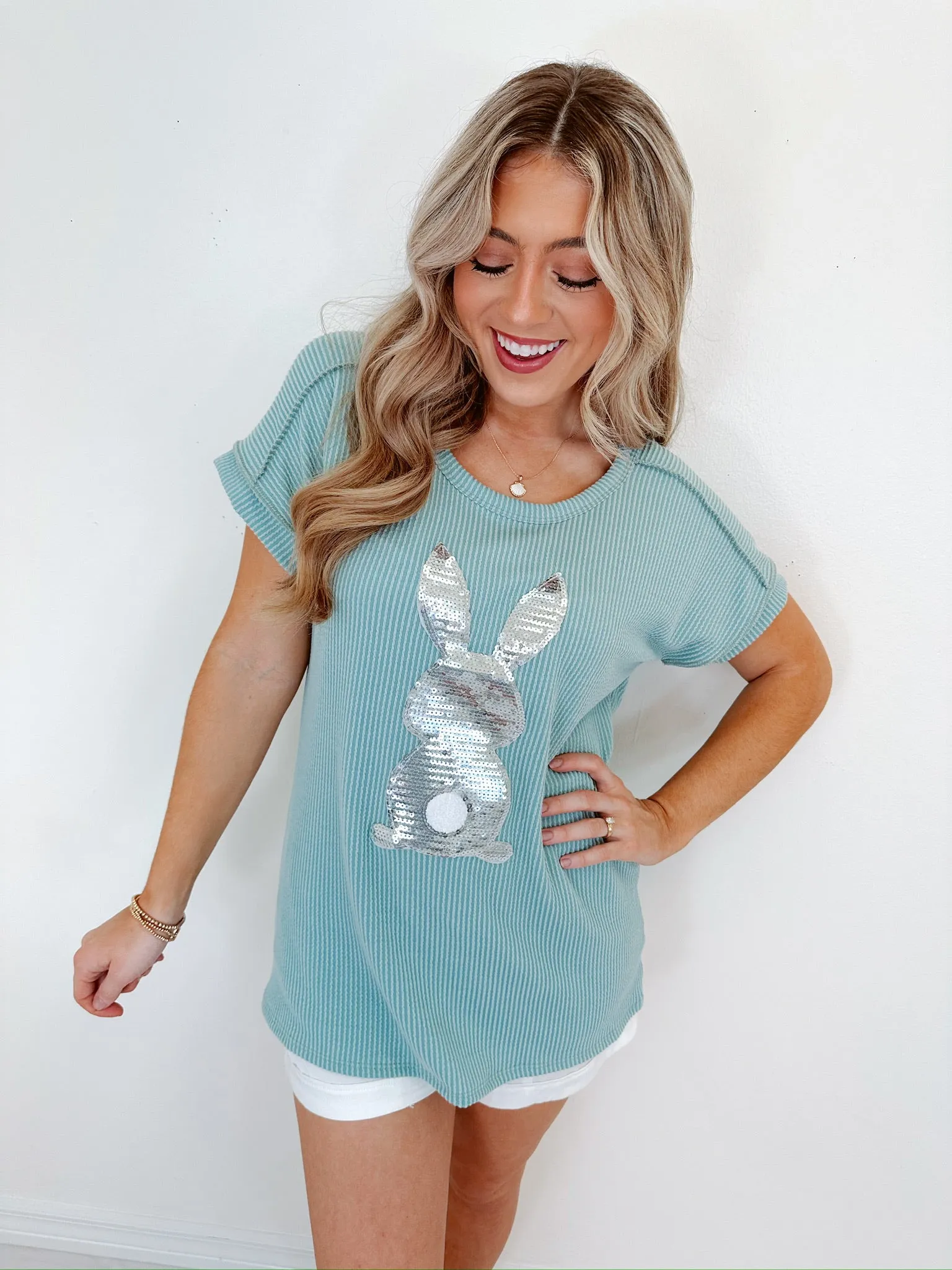 Cotton Tail Sequin Patch Ribbed Top - Sage