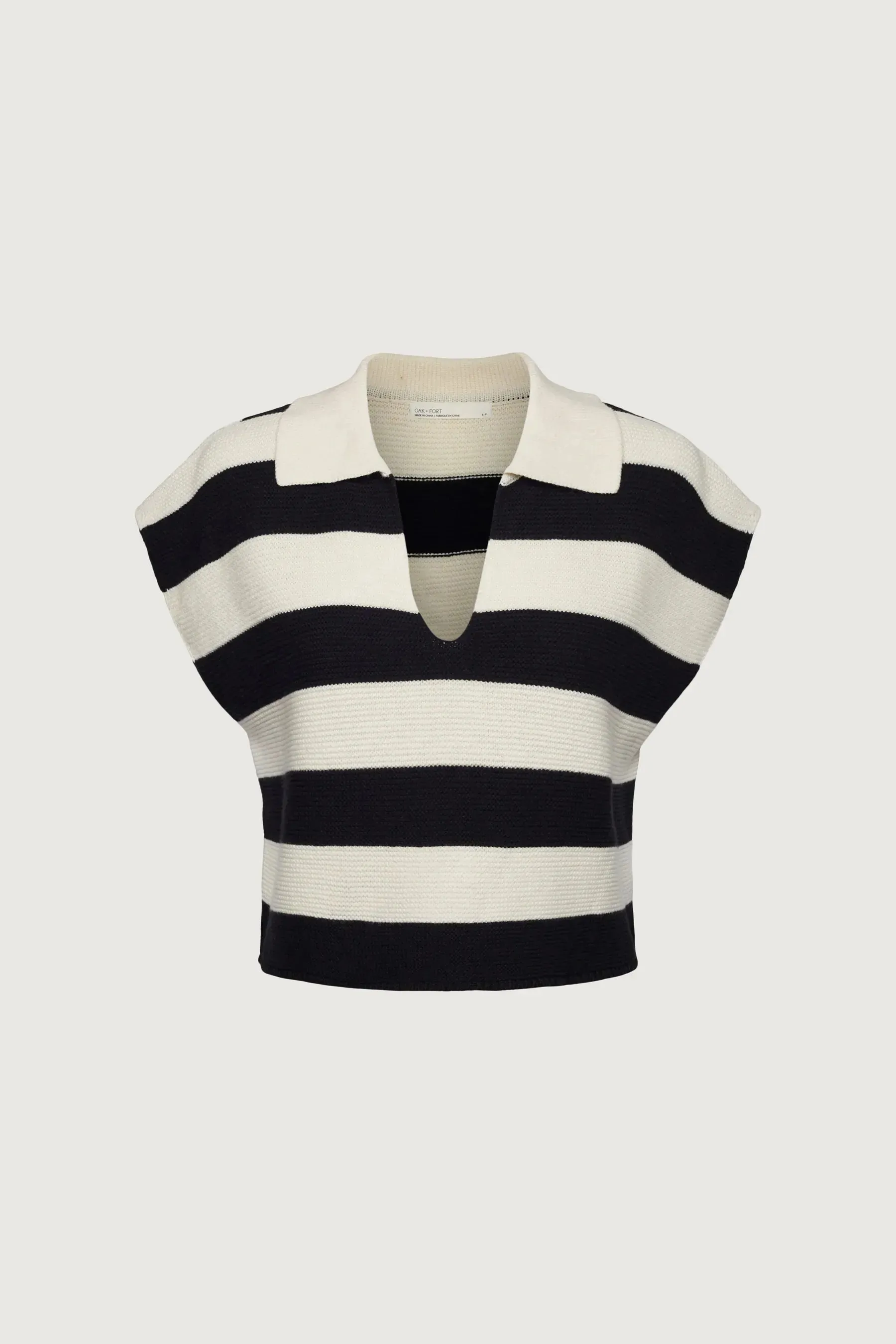 Cropped Striped Collared Sweater - Cream Black