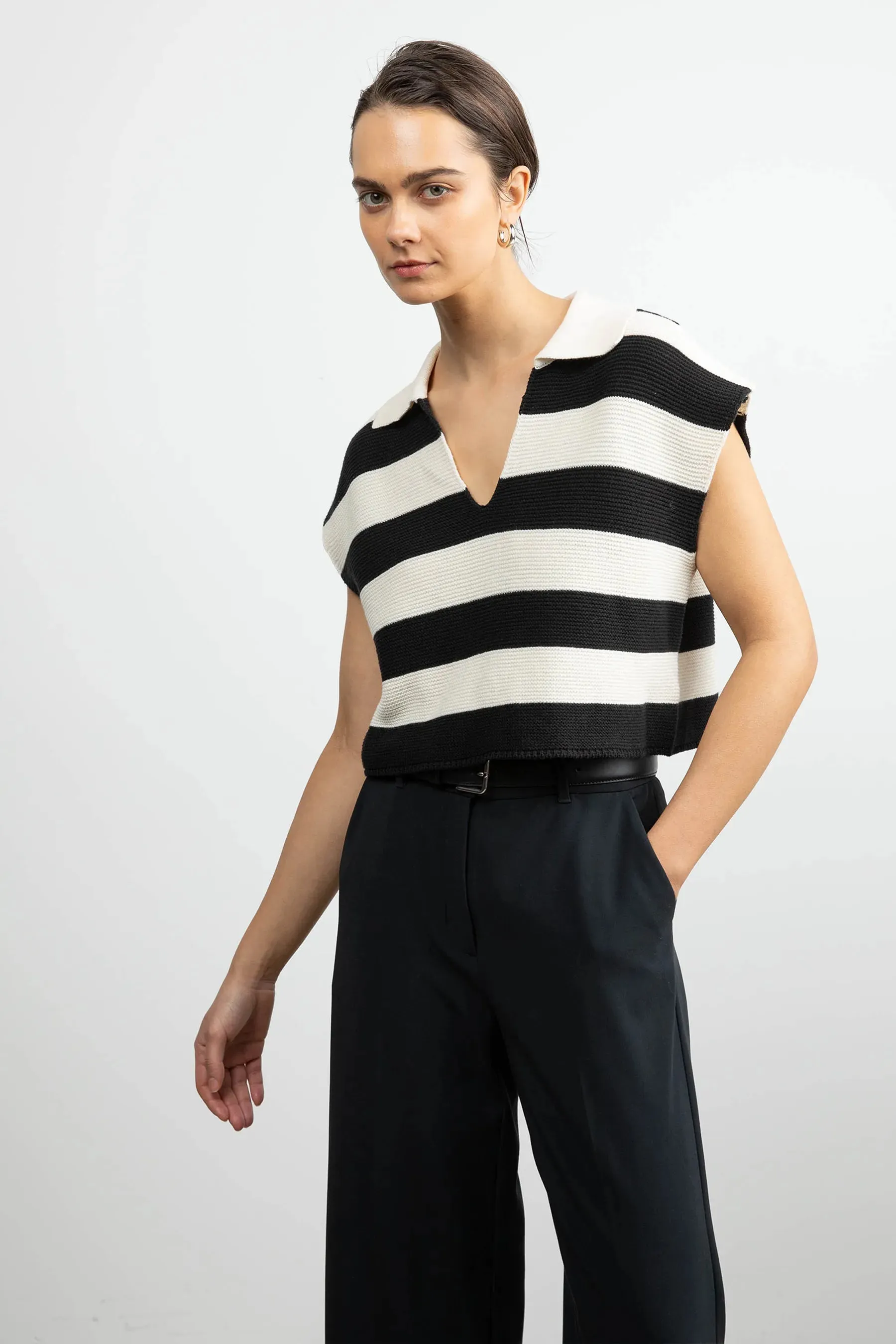 Cropped Striped Collared Sweater - Cream Black