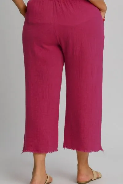 Deep Rose Raw Hem Elastic Waist Wide Leg Pants