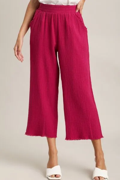 Deep Rose Raw Hem Elastic Waist Wide Leg Pants
