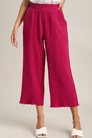 Deep Rose Raw Hem Elastic Waist Wide Leg Pants
