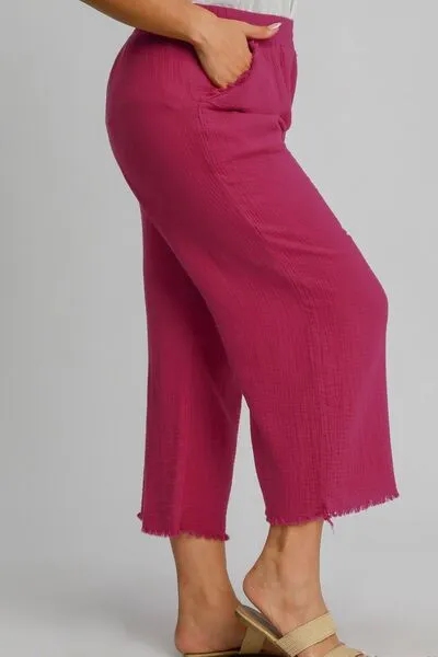 Deep Rose Raw Hem Elastic Waist Wide Leg Pants