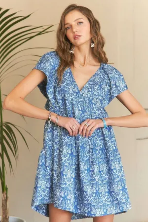 Denim Blue Printed V-Neck Ruffle Sleeve Mini Dress