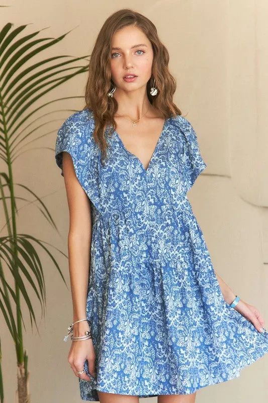 Denim Blue Printed V-Neck Ruffle Sleeve Mini Dress
