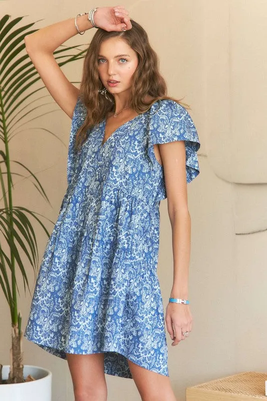 Denim Blue Printed V-Neck Ruffle Sleeve Mini Dress