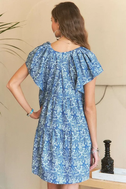 Denim Blue Printed V-Neck Ruffle Sleeve Mini Dress