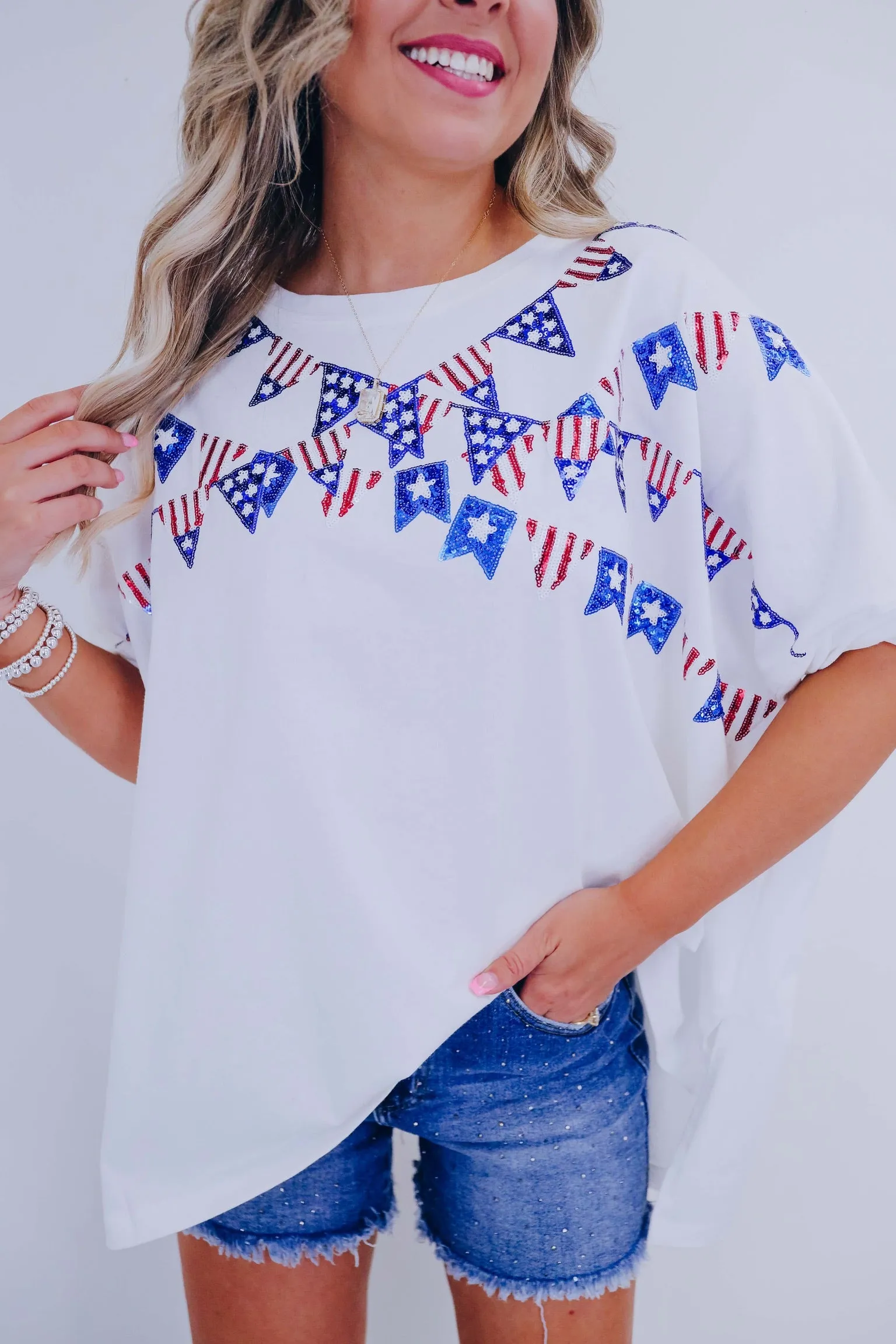 Flag Banner Sequin Patch Oversized Top - 2 Colors