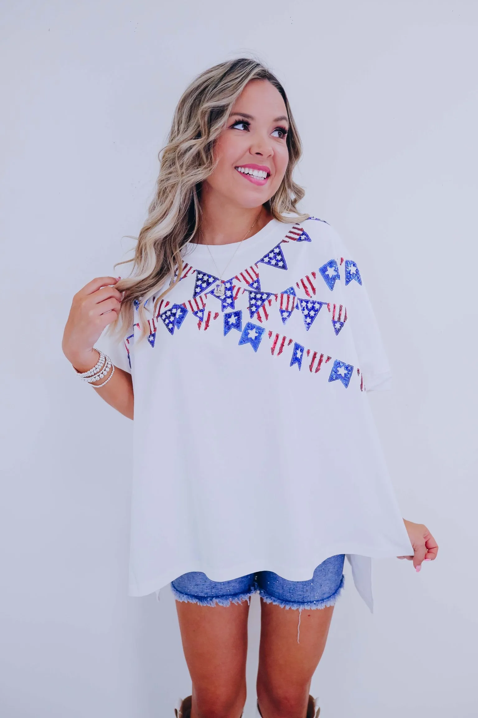Flag Banner Sequin Patch Oversized Top - 2 Colors