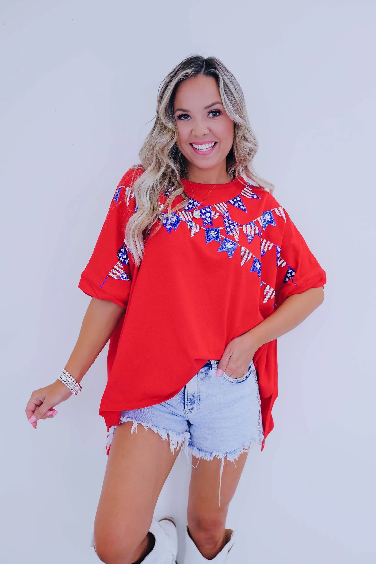 Flag Banner Sequin Patch Oversized Top - 2 Colors